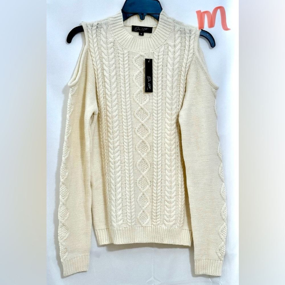 Cream Off-The-Shoulder Sweater With Cable Knit Design